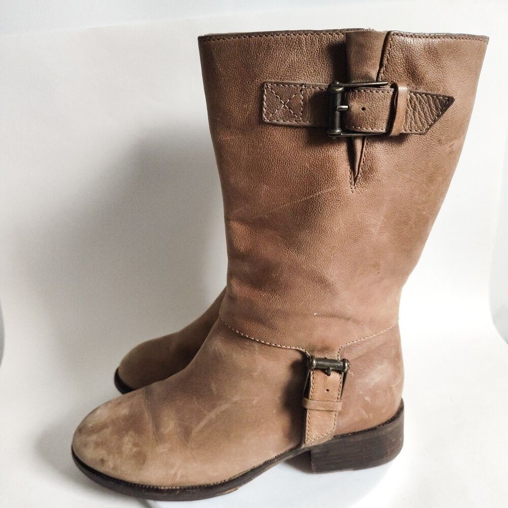 Cole Haan Air Size 8‎ Leora Pull On Tan Leather Boots Moto Mid-Calf Biker Belts